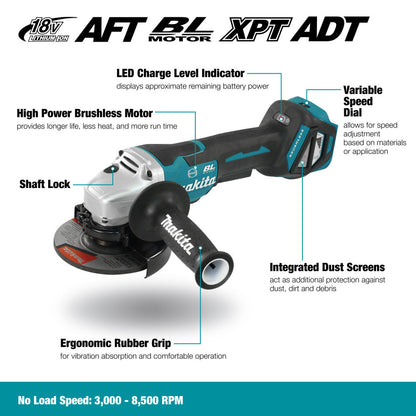 Makita DGA517Z 18V LXT Cordless Brushless 5 inch Angle Grinder with Paddle Switch (Tool Only) showing features of the grinder