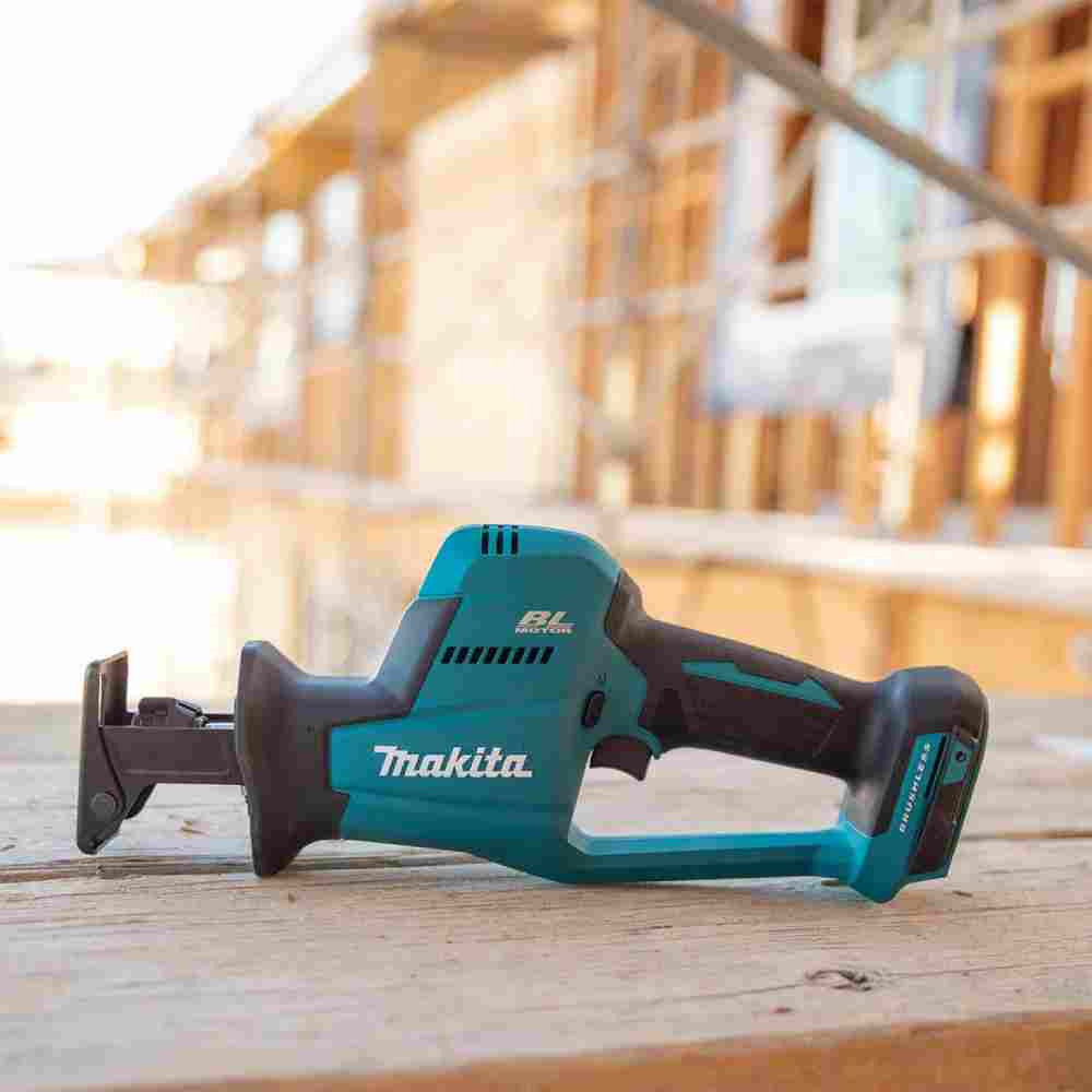 Makita DJR189Z 18V LXT Cordless Brushless Reciprocating Saw  (Tool Only) with jobsite backdrop (Tool Only)
