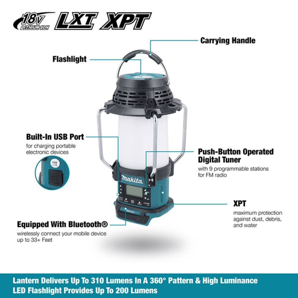 Makita DMR057 18V LXT Lantern Radio with Bluetooth & Flashlight (Tool Only) showing features of the tool