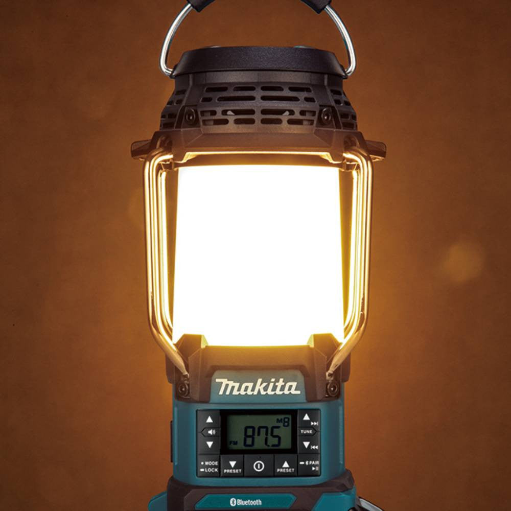 Makita DMR057 18V LXT Lantern Radio with Bluetooth & Flashlight (Tool Only) showing in use with the lantern on