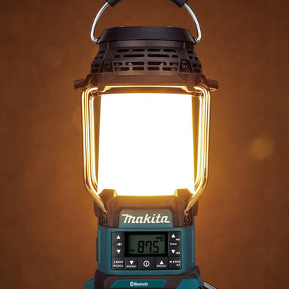 Makita DMR057 18V LXT Lantern Radio with Bluetooth & Flashlight (Tool Only) showing in use with the lantern on