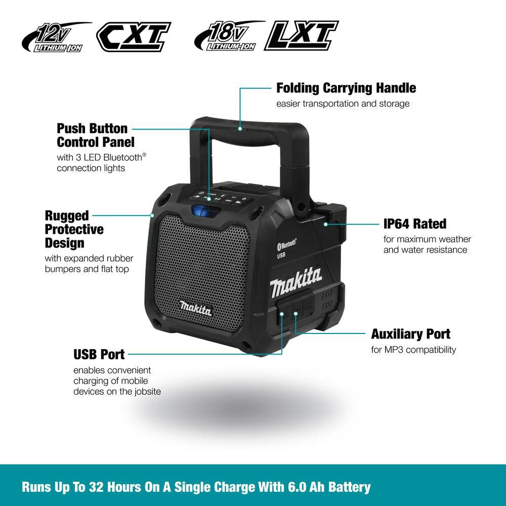 Makita DMR201B 18V Cordless or Electric Jobsite Speaker with Bluetooth showing features of the tool
