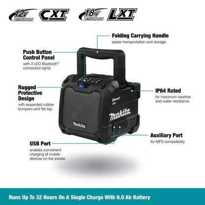 Makita DMR201B 18V Cordless or Electric Jobsite Speaker with Bluetooth showing features of the tool