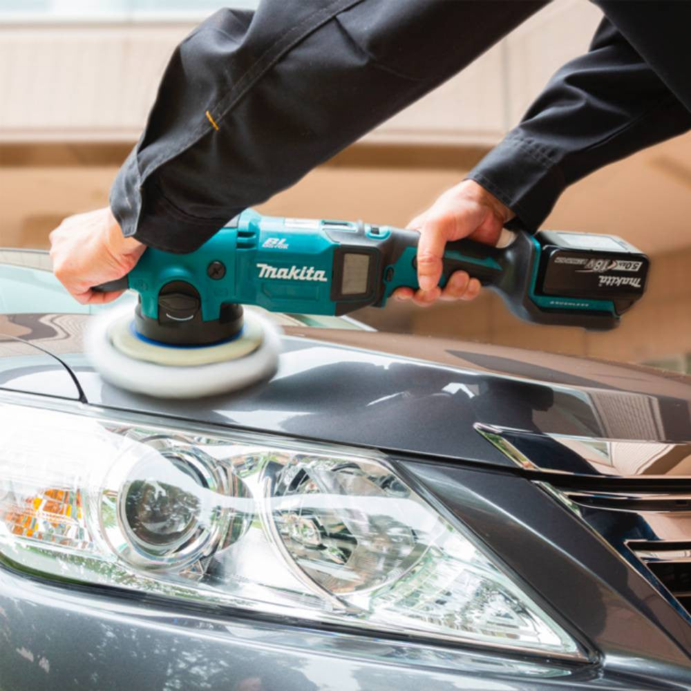 Makita DPO600Z 18V Cordless Brushless 6in Random Orbit Polisher (Tool Only) showing in use polishing vehicle hood (Battery sold separately)