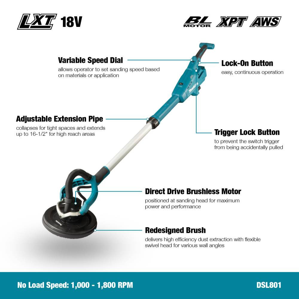 Makita DSL801ZX1 18V Brushless 8-7/8in Drywall Sander (Tool Only) showing features of the tool