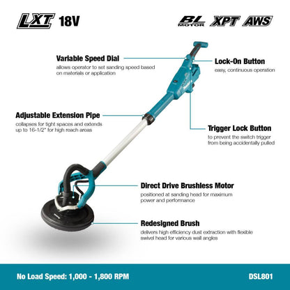 Makita DSL801ZX1 18V Brushless 8-7/8in Drywall Sander (Tool Only) showing features of the tool
