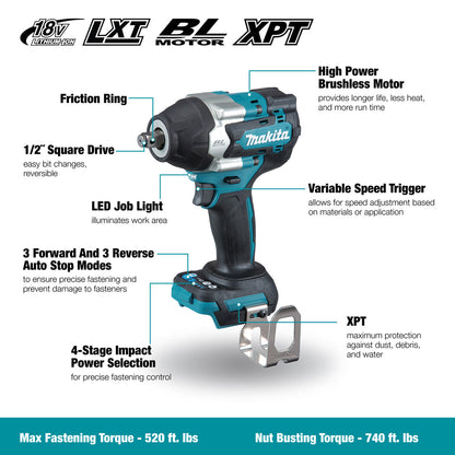 Makita DTW700XVZ 18V Cordless Brushless 1/2 Inch Mid-Torque Impact Wrench - Friction Ring (Tool Only)
