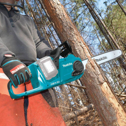 Makita DUC400Z 18Vx2 LXT 16 inch Brushless Rear Handle Chainsaw (Tool Only) showing in use cutting down a tree (Battery sold separately)
