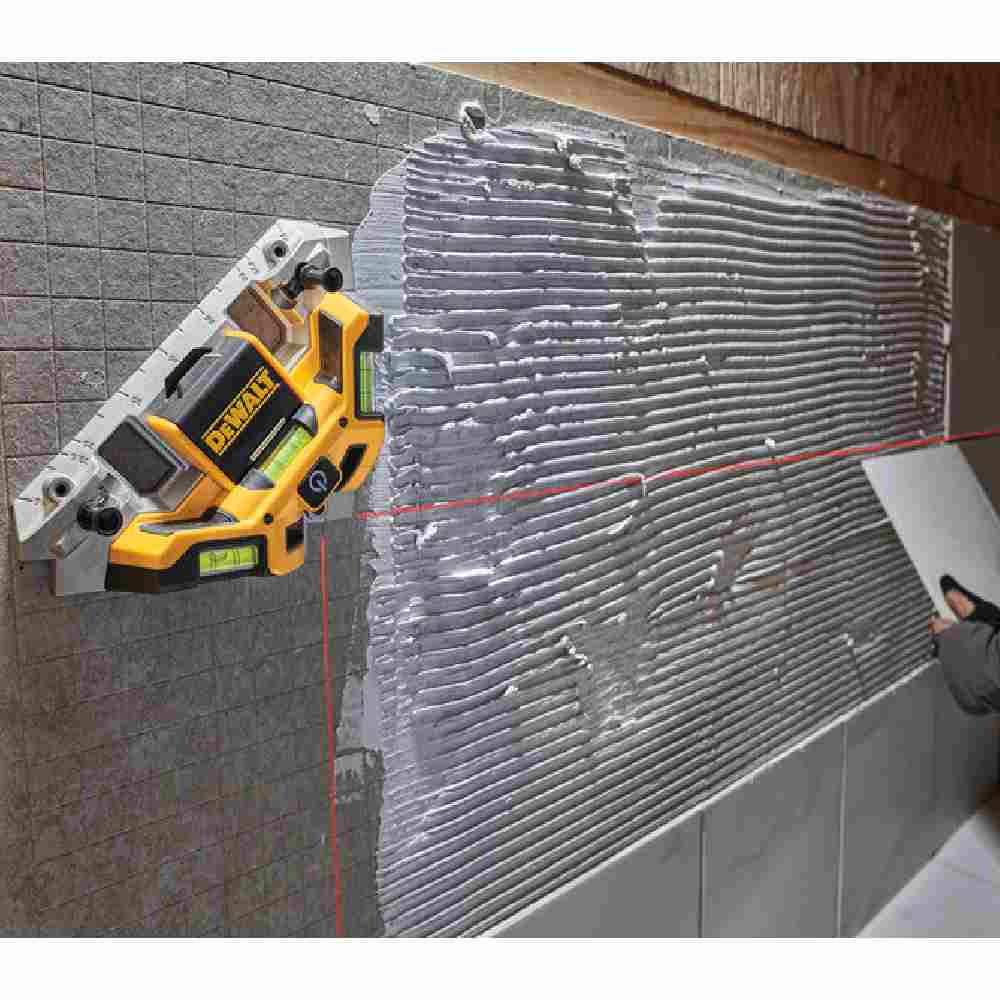 DeWalt DW0802 33 foot Laser Square showing in use levelling and squaring tiles during wall installation
