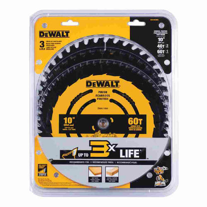 DeWalt DWA110CMB3 3pc 10 inch x 40T / 60T Circular Saw Blade Set showing in packaging