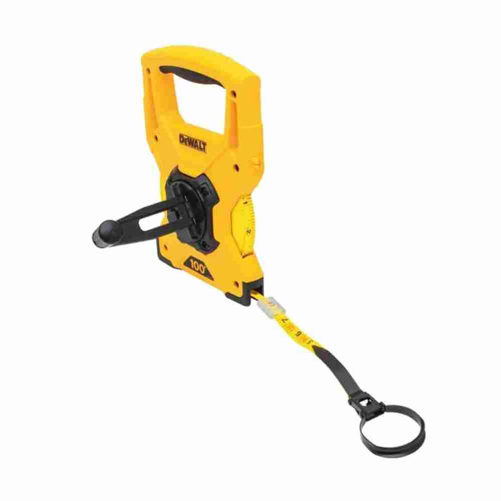DeWalt DWHT34066 30 meter / 100 feet Fiberglass Long Tape Measure showing with first few inches pulled out showing the tape measure blade