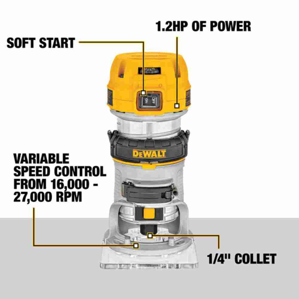 DeWalt DWP611PK 1-1/4 HP Max Torque Variable Speed Compact Router Kit with Plunge Base and LEDs showing features of the router with fixed base