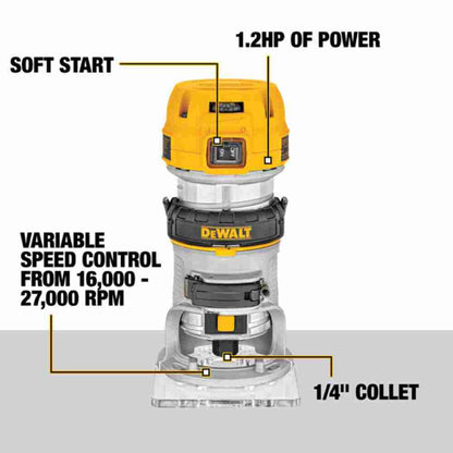 DeWalt DWP611PK 1-1/4 HP Max Torque Variable Speed Compact Router Kit with Plunge Base and LEDs showing features of the router with fixed base