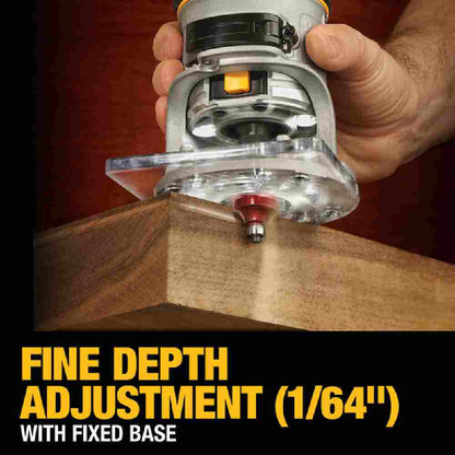 DeWalt DWP611PK 1-1/4 HP Max Torque Variable Speed Compact Router Kit with Plunge Base and LEDs showing in use cutting a round over while showing ability of fine adjustment