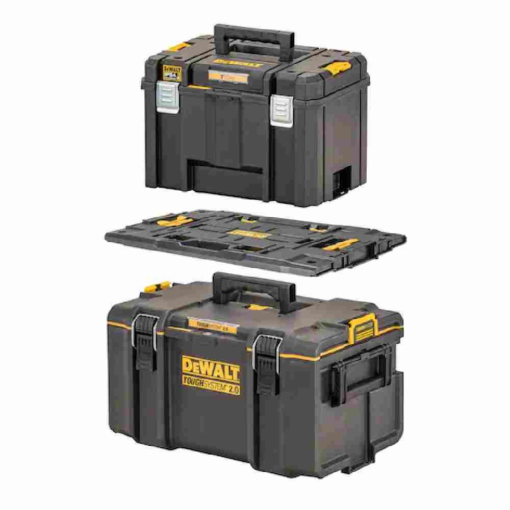 DeWalt DWST08017 TOUGHSYSTEM to TSTACK 2.0 Adaptor showing mounting of adaptor onto toughsystem box with a tstak box mounting on top (Tool boxes sold separately)