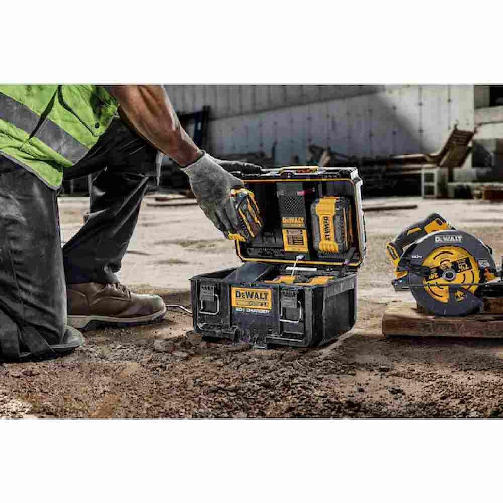 DeWalt DWST08050 TOUGHSYSTEM 2.0 20V Dual-Port Charger Box showing on site charging batteries (All batteries sold separately)