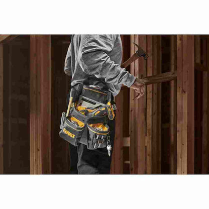 DeWalt DWST540201 Professional Nail Pouch showing with tools loaded in pouch mounted to a contractor's belt(Tools sold separately)