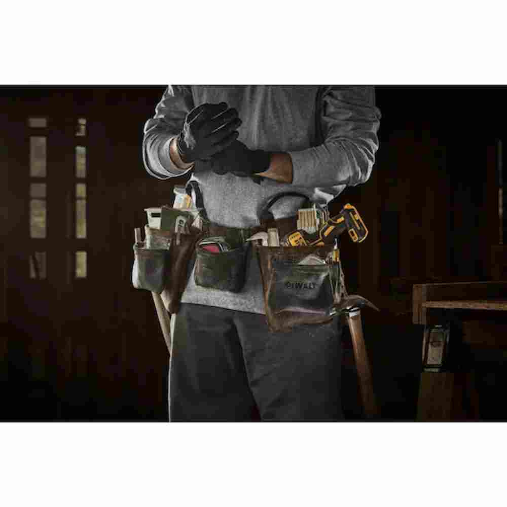 DeWalt DWST550112 Leather Tool Apron showing with tools loaded in pouch mounted to a contractor's belt (Tools sold separately)