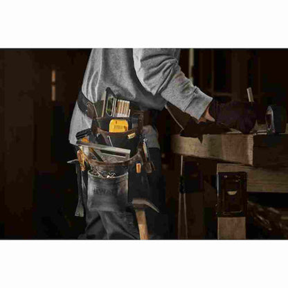 DeWalt DWST550115 Leather Tool Pouch  and Belt showing with tools loaded in pouch mounted to a contractor foots belt (Tools sold separately)