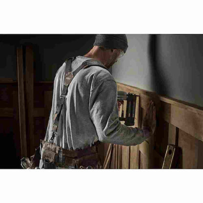 DeWalt DWST550116 Leather Tool Belt Suspenders showing attached to tool belt hanging on contractor working on site (Tools and belts sold separately)