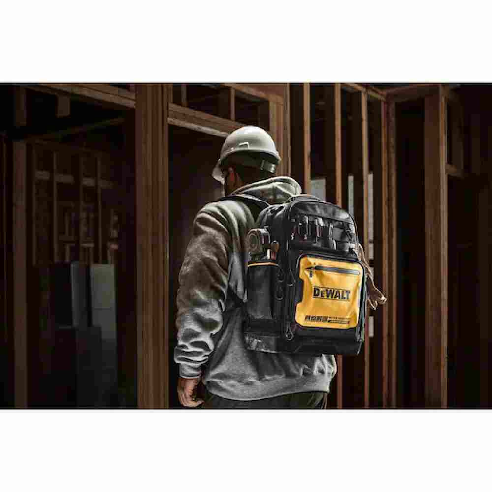 DeWalt DWST560102 Professional Backpack showing in use being carried by a contractor moving around site