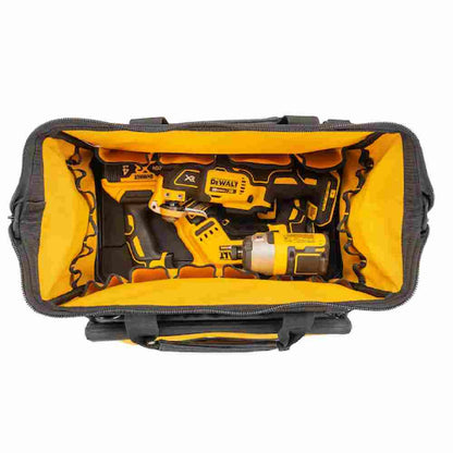 DeWalt DWST560103 16 inch Professional Open Mouth Tool Bag showing the pockets inside of the bag with tools at the bottom (Tools sold separately)