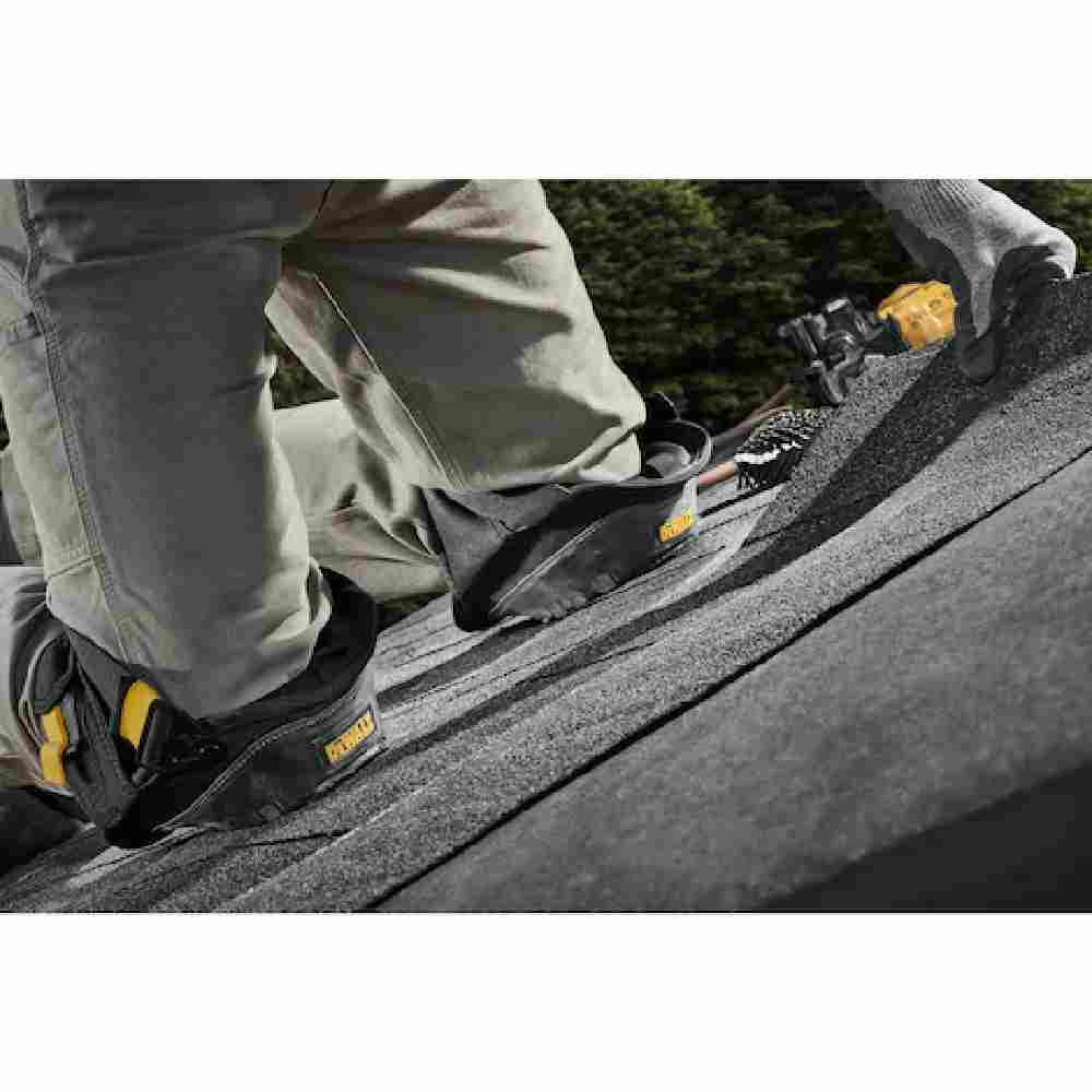 DeWalt DWST590012 Stabilizing Knee Pads with Gel showing in use being worn by a roofer knelling on a shingle roof