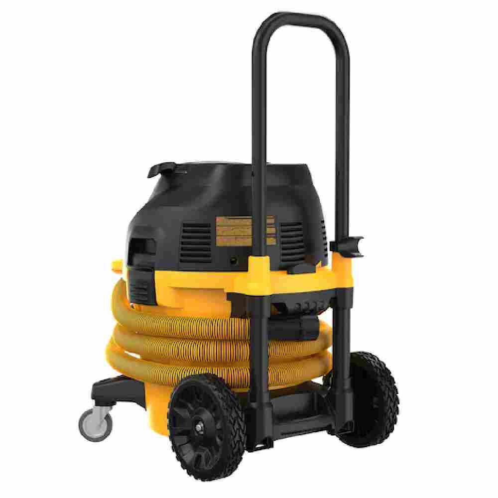 DeWalt DWV015 15 Amp 10 Gallon Wet / Dry HEPA / RRP Dust Extractor showing from a different angle with hose wrapped around vacuum