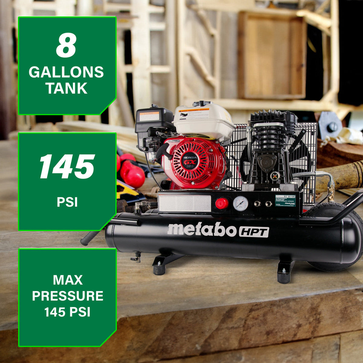 Metabo HPT EC2510EM 5.5 Net HP 8-Gallon Gas Powered Wheeled Air Compressor