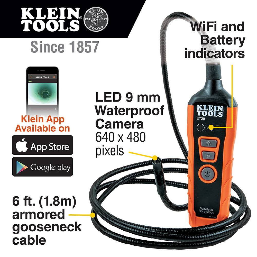 Klein Tools ET20 WiFi Borescope showing featured of the Borescope
