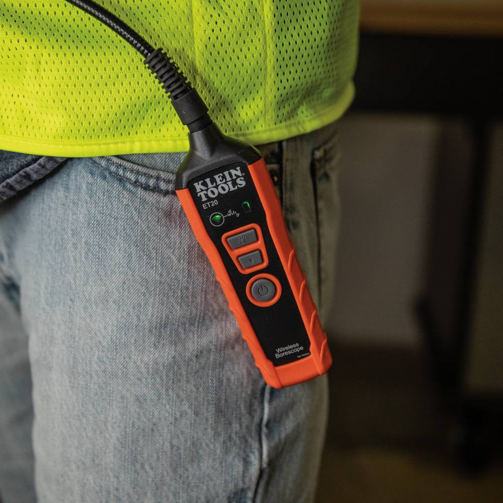 Klein Tools ET20 WiFi Borescope showing scope on pocket with belt clip