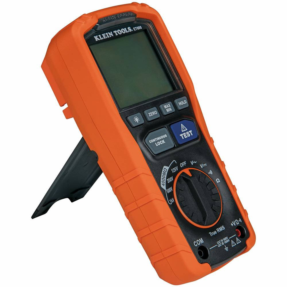 Klein Tools ET600 Digital Insulation Resistance Tester Multimeter showing with kickstand open