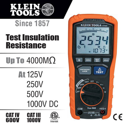 Klein Tools ET600 Digital Insulation Resistance Tester Multimeter showing features of the multimeter