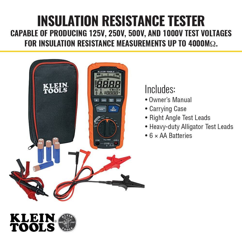 Klein Tools ET600 Digital Insulation Resistance Tester Multimeter showing features of the tester kit