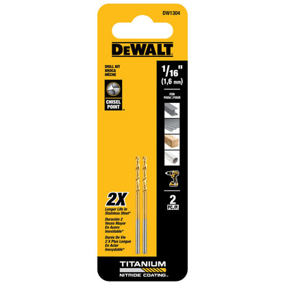 DeWalt DW1304 1/16-Inch Titanium Nitride Coated Drill Bit - 2pk