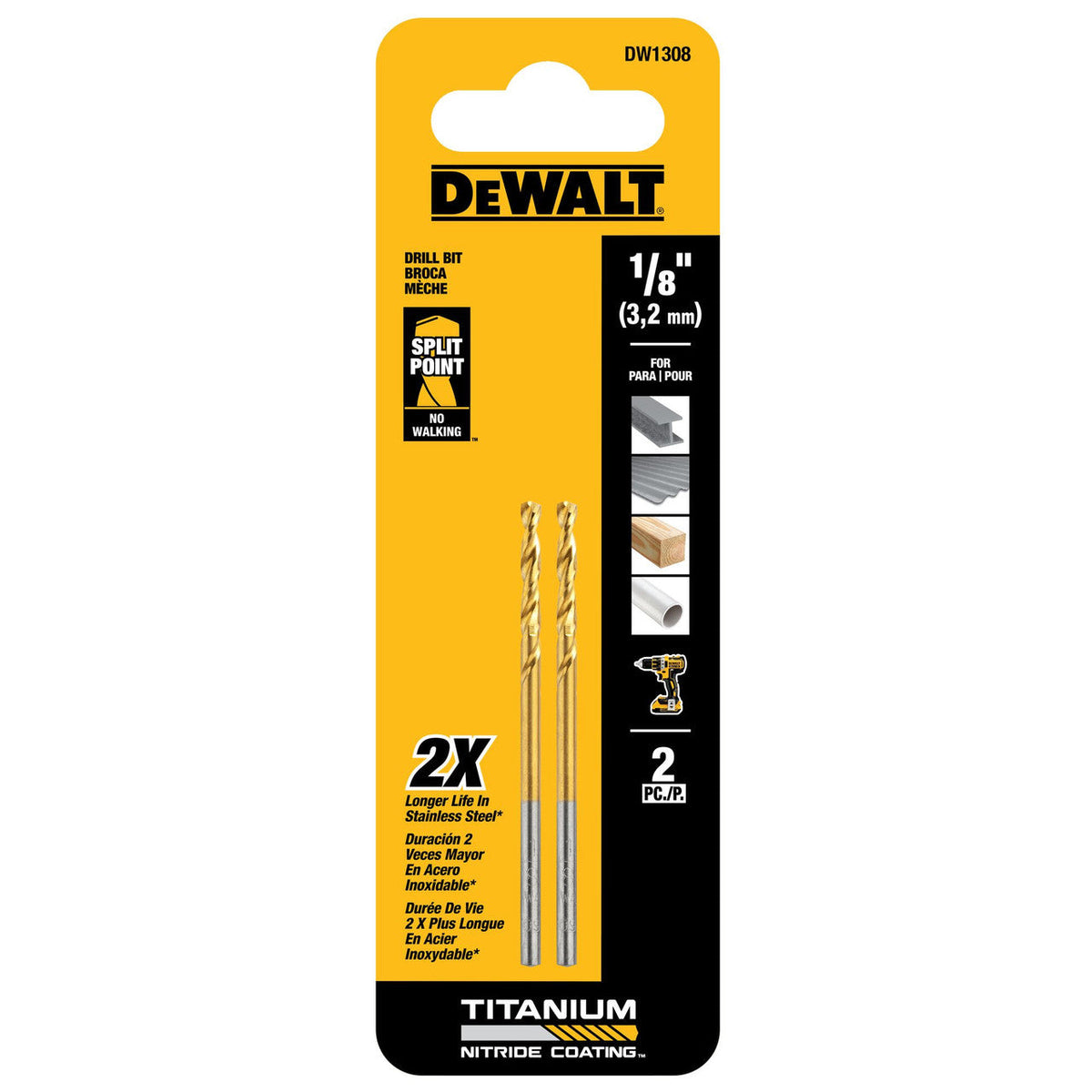 DeWalt DW1308 1/8 Inch Titanium Nitride Coated Drill Bit - 2pk