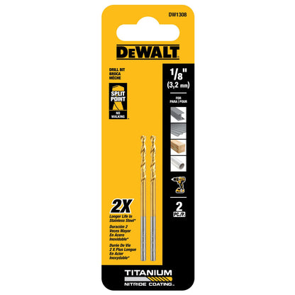 DeWalt DW1308 1/8 Inch Titanium Nitride Coated Drill Bit - 2pk