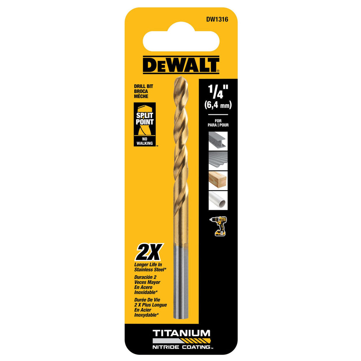 DeWalt DW1316 1/4 inch Titanium Nitride Coated Drill Bit showing blade in packaging