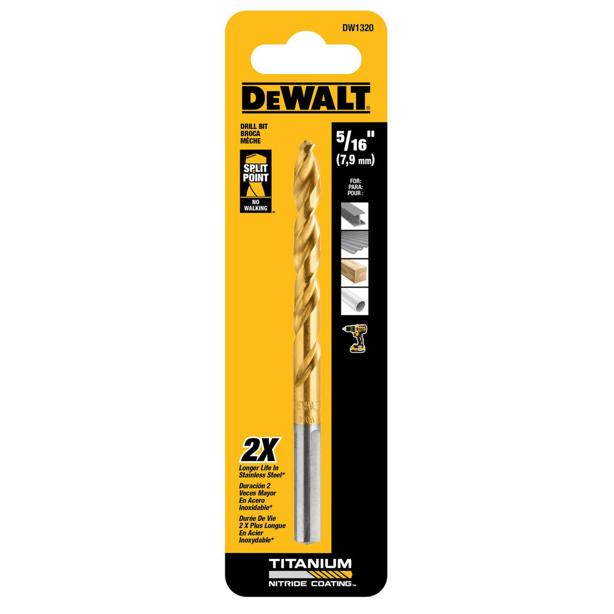 DeWalt DW1320 5/16 inch Titanium Nitride Coated Drill Bit showing blade in packaging