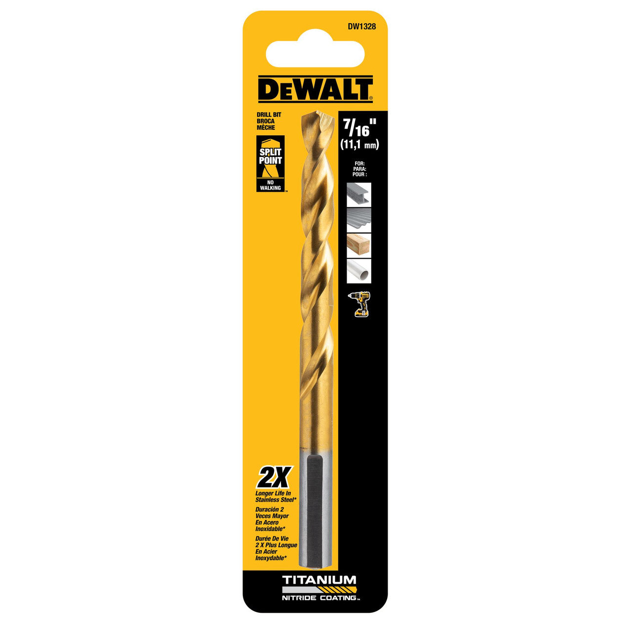 DeWalt DW1328 7/16 inch Titanium Nitride Coated Drill Bit showing blade in packaging