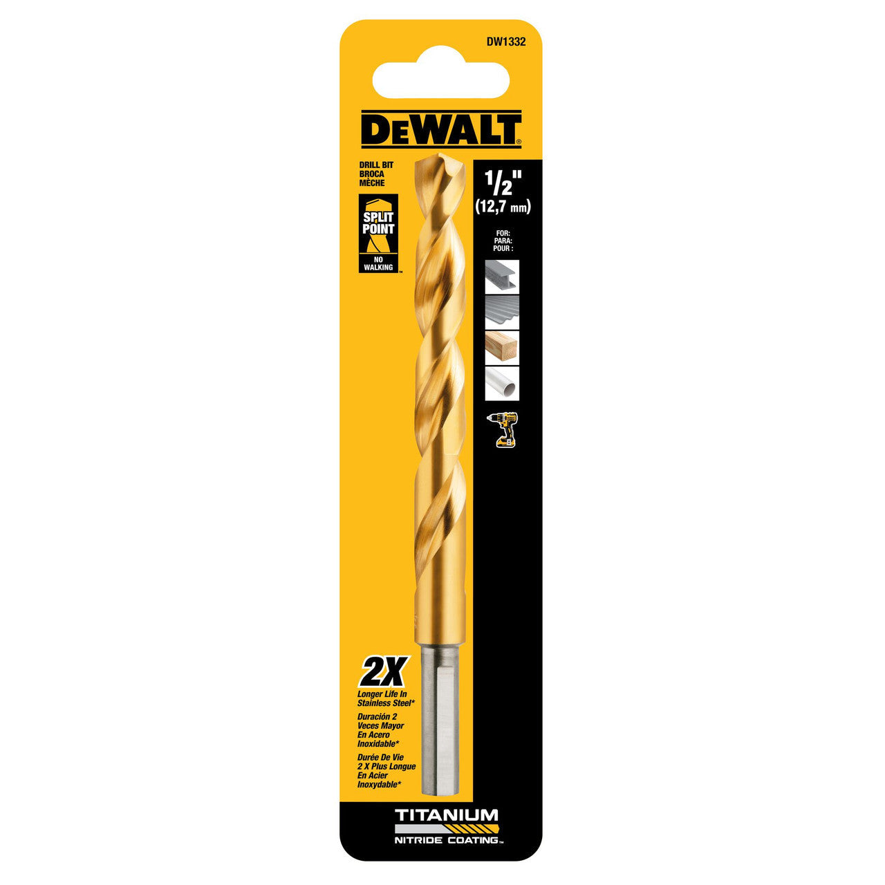 DeWalt DW1332 1/2 inch Titanium Nitride Coated Drill Bit showing blade in packaging