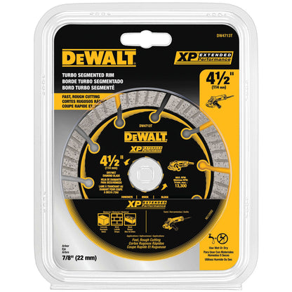 DeWalt DW4713T XP 4-1/2 inch Turbo Segmented Diamond Blade showing in packaging