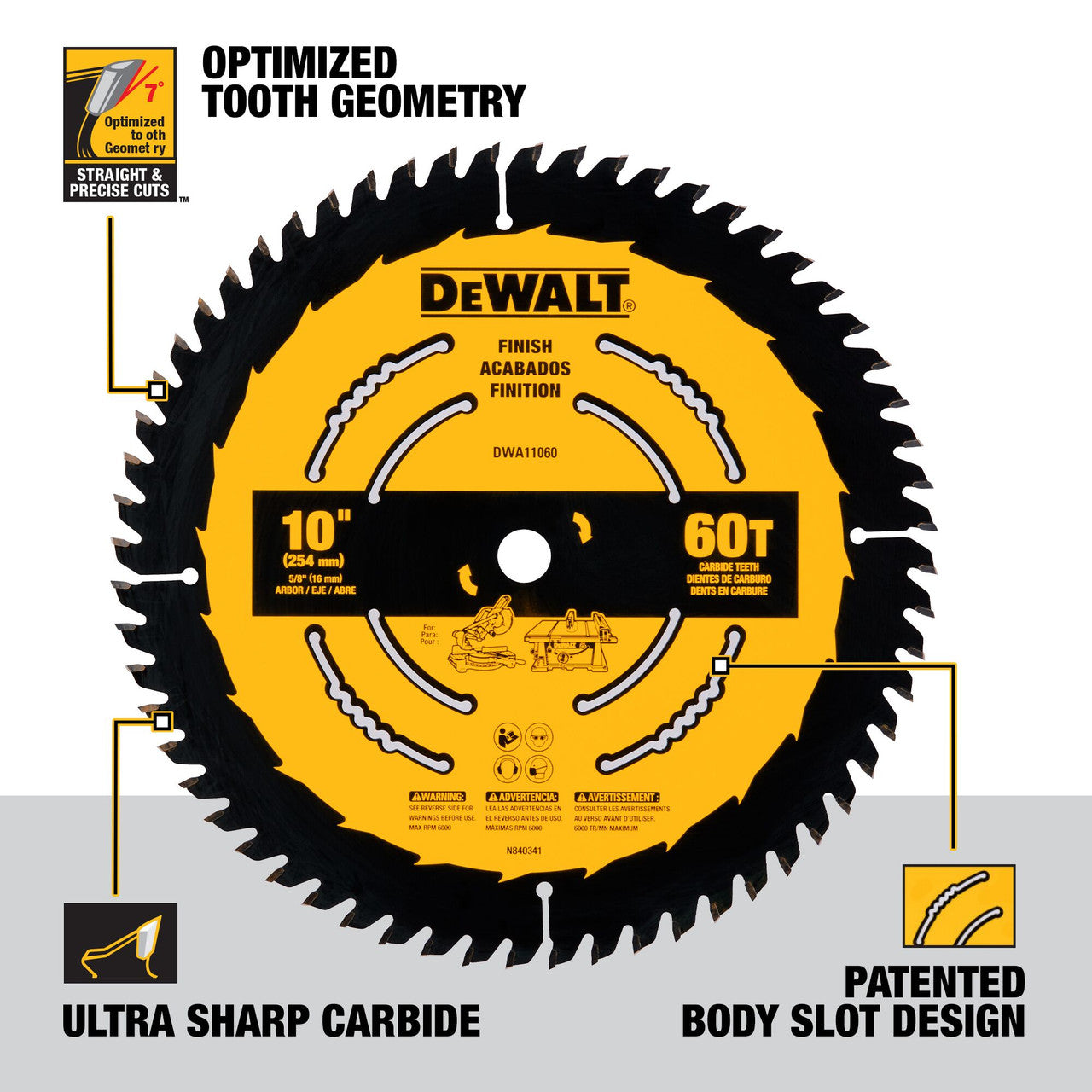 DeWalt DWA11060 10 inch x 60T Finish Circular Saw Blade showing features of the saw blade
