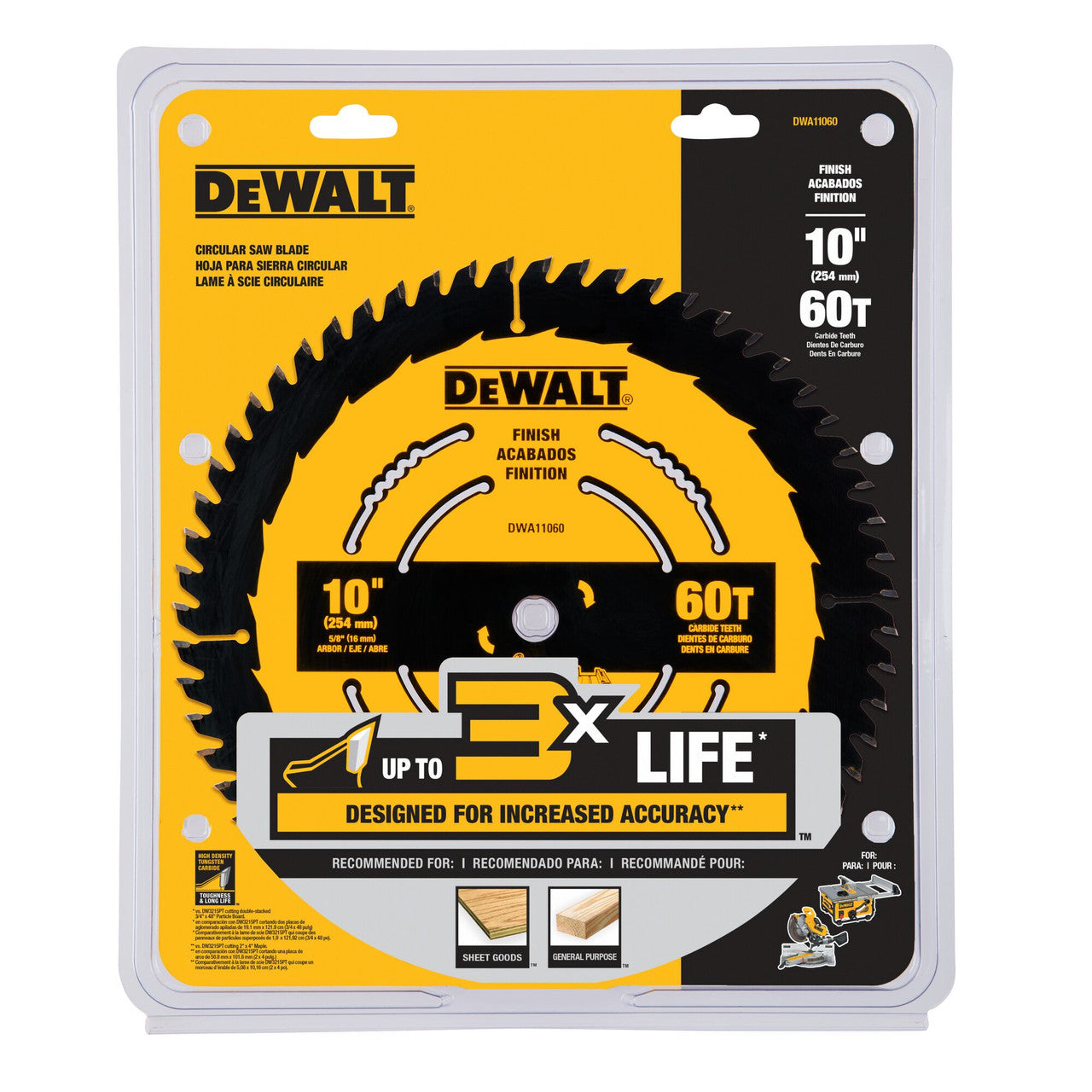 DeWalt DWA11060 10 inch x 60T Finish Circular Saw Blade showing in packaging