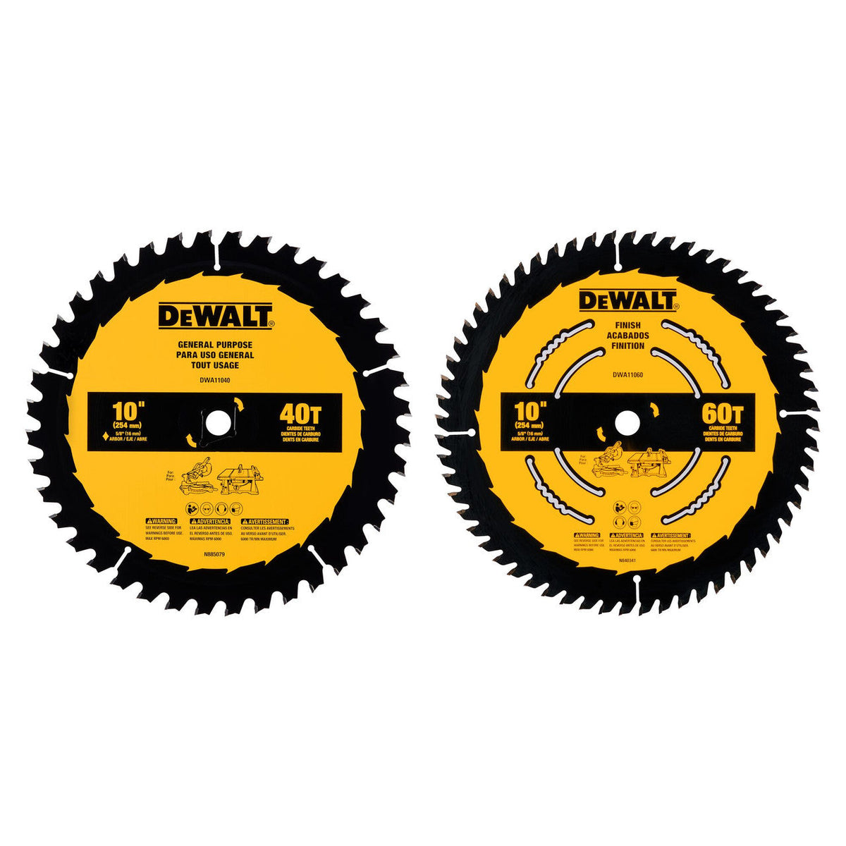 DeWalt DWA110CMB 2pc 10 inch x 40T / 60T Circular Saw Blade Set showing both blades