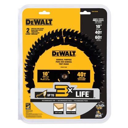 DeWalt DWA110CMB 2pc 10 inch x 40T / 60T Circular Saw Blade Set showing in packaging