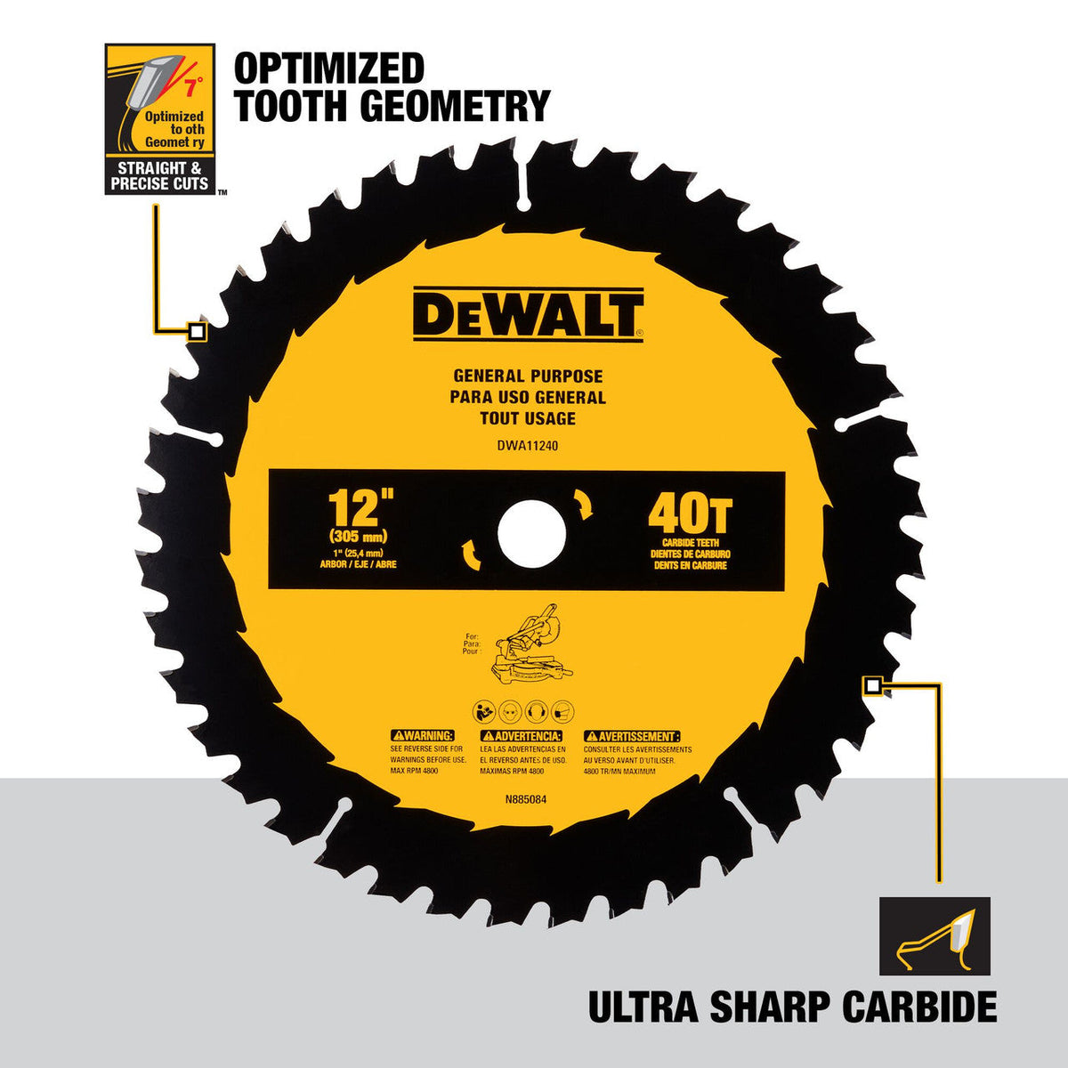 DeWalt DWA11240 12 inch x 40T General Purpose Circular Saw Blade showing features of the saw blade
