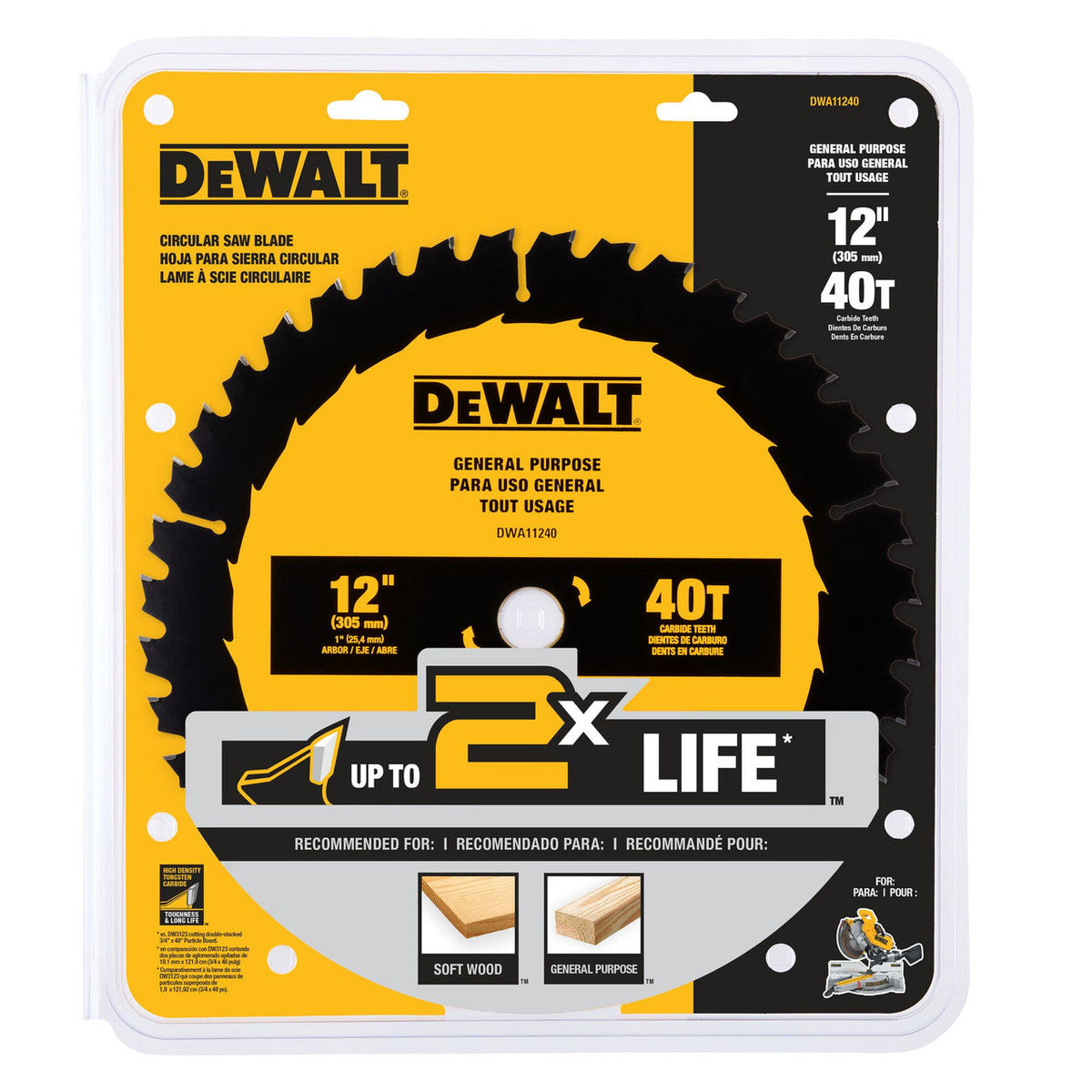DeWalt DWA11240 12 inch x 40T General Purpose Circular Saw Blade showing in packaging