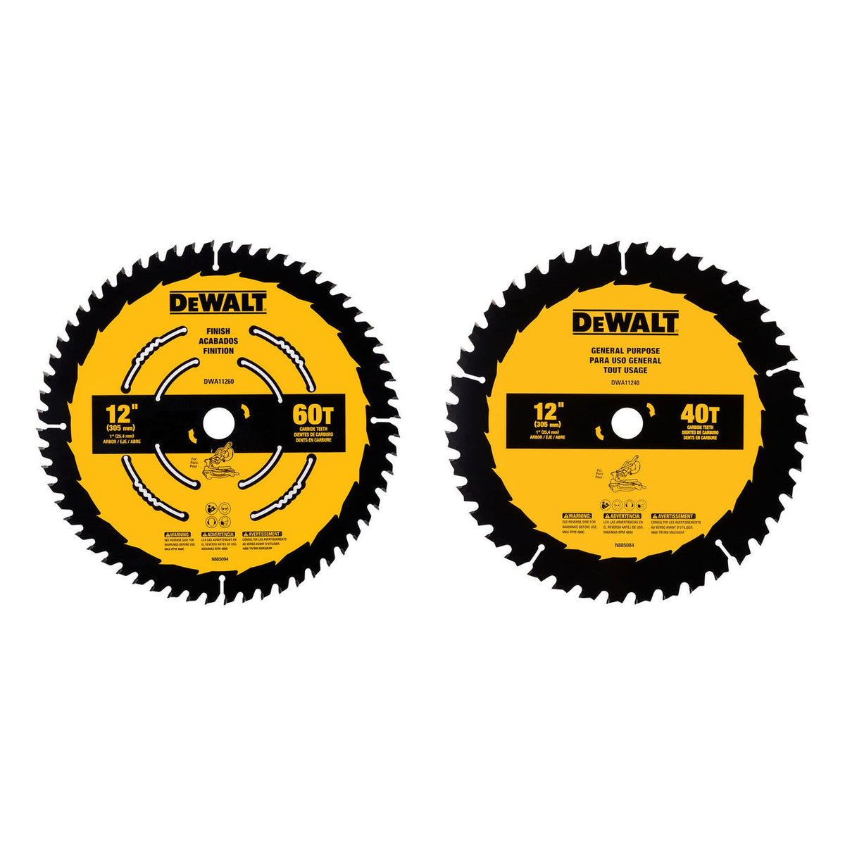 DeWalt DWA112CMB 2pc 12 inch x 40T / 60T Circular Saw Blade Set showing both blades