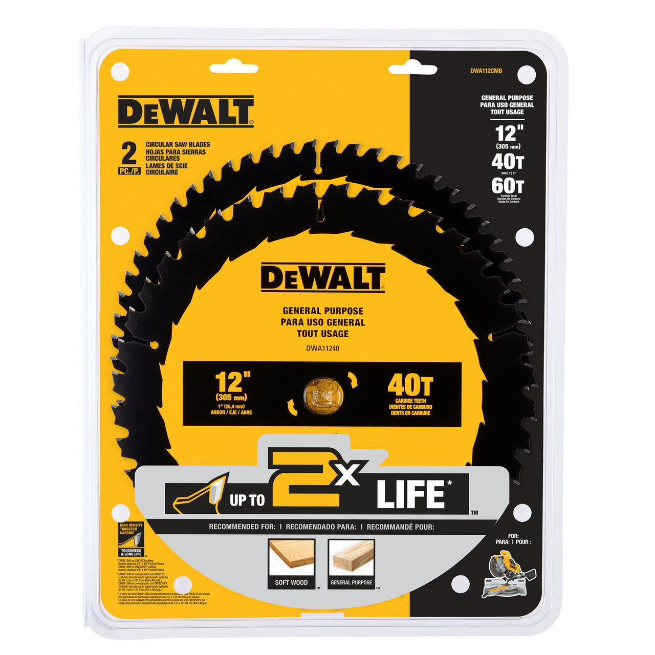 DeWalt DWA112CMB 2pc 12 inch x 40T / 60T Circular Saw Blade Set showing blades in packaging